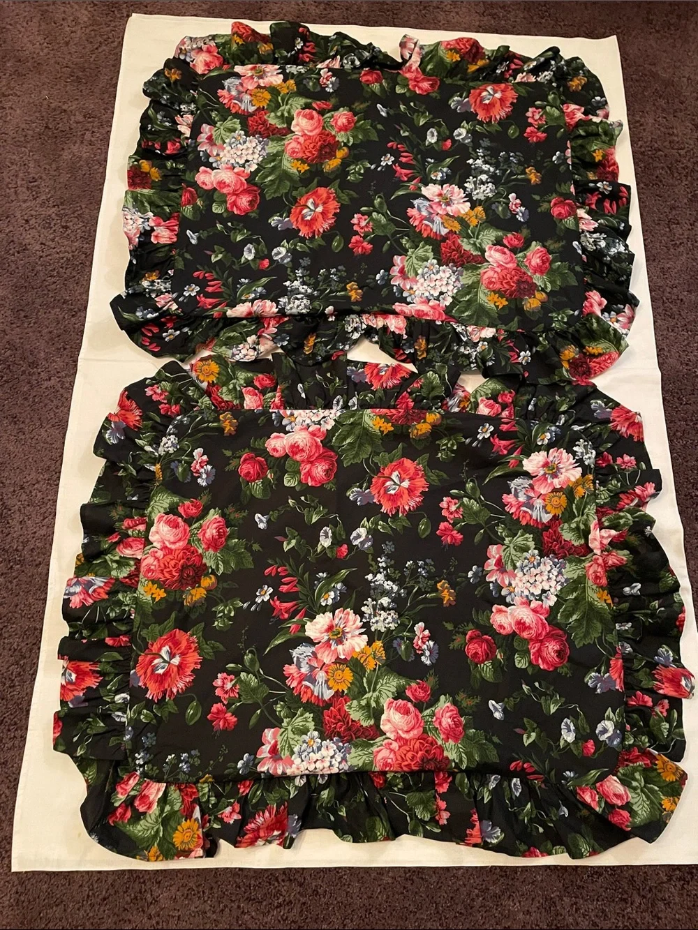 VTG Ralph Lauren Isadora Cossette Black Floral Ruffled Pillow Sham (2) Standard